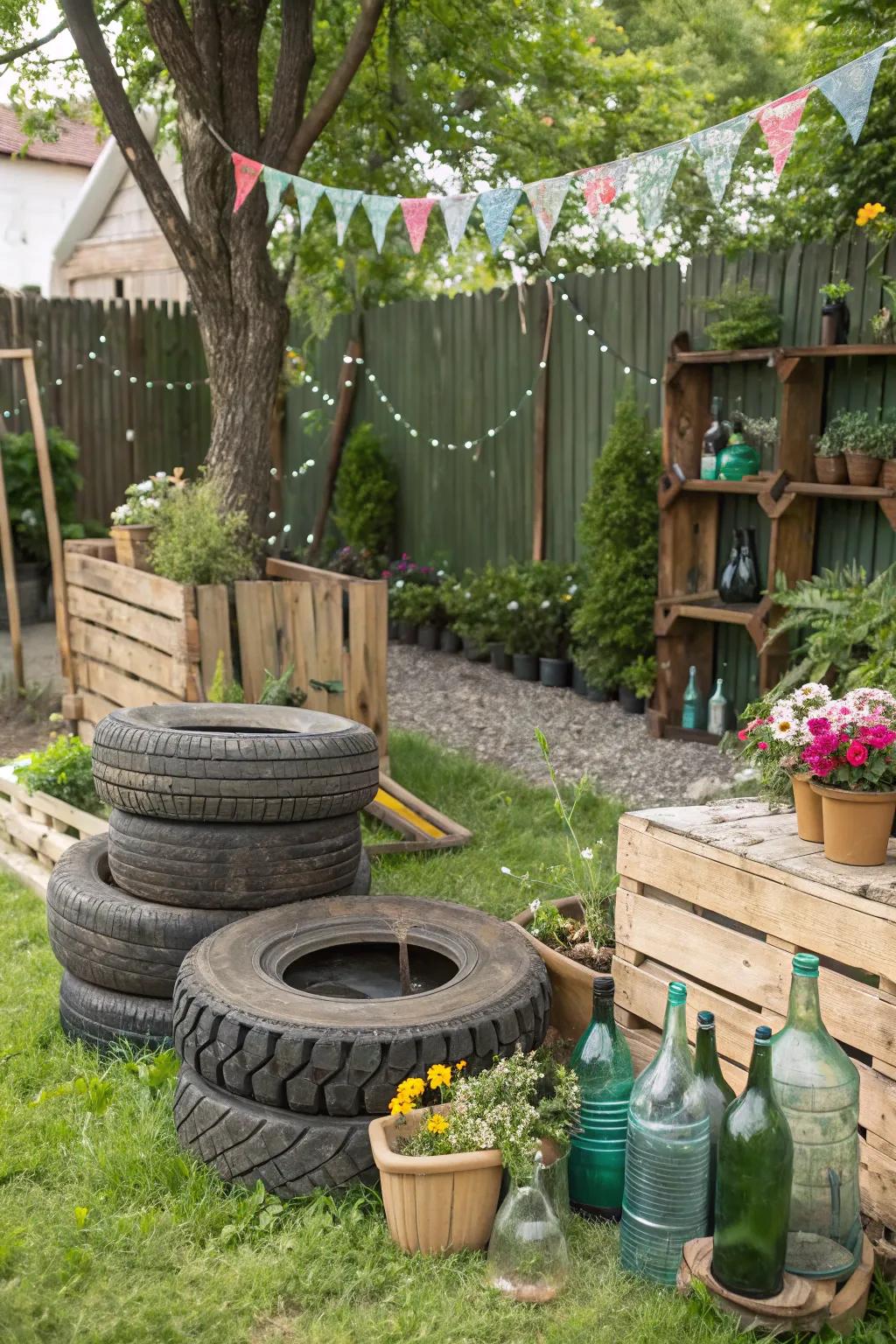 Recycled decor adding a unique touch to a backyard.