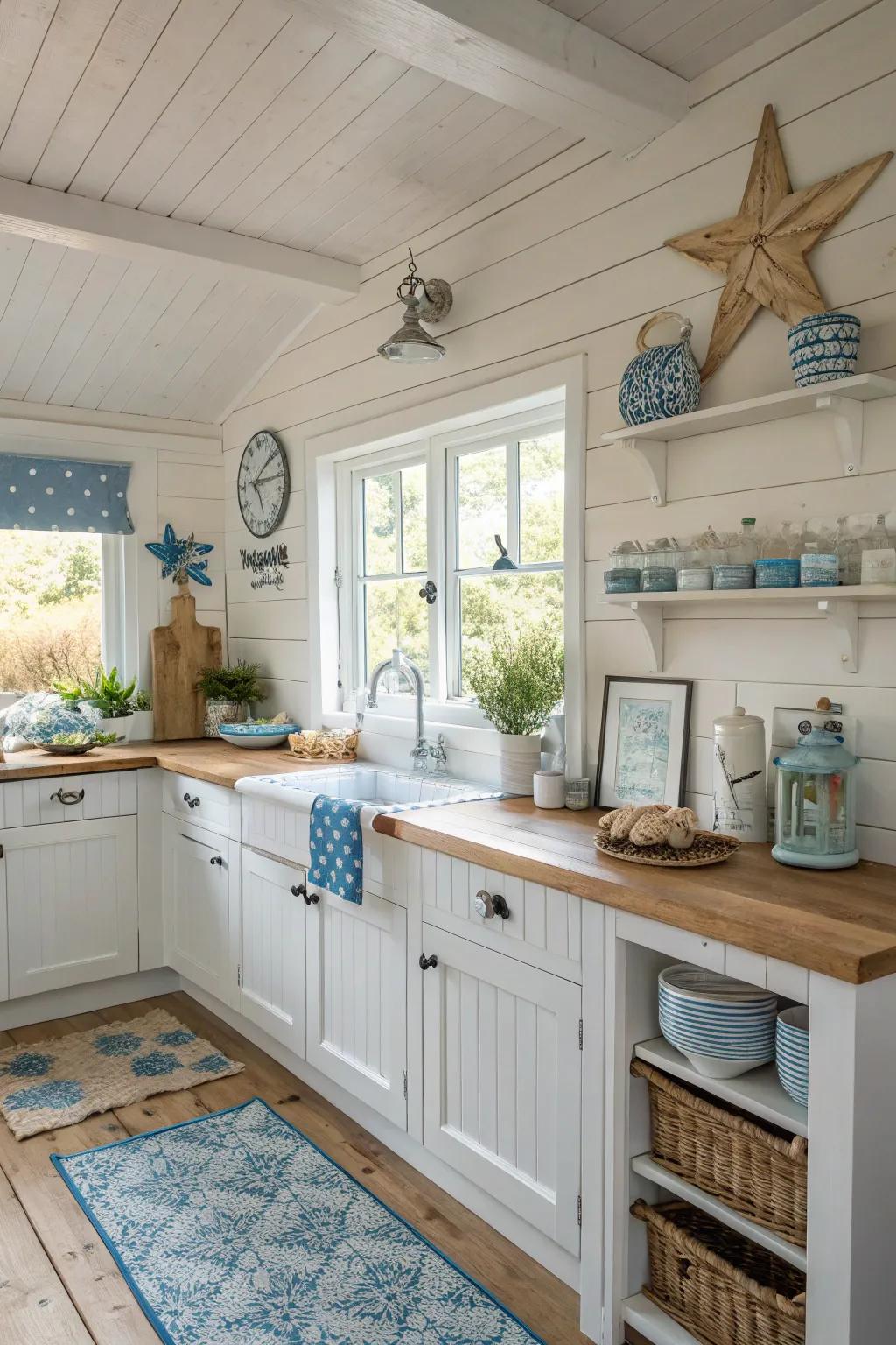 Shiplap walls add rustic charm to this coastal kitchen.