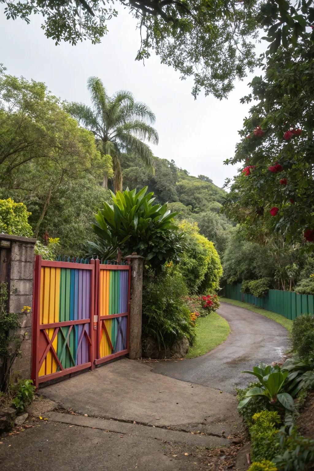 A splash of color transforms a driveway gate into a vibrant focal point.