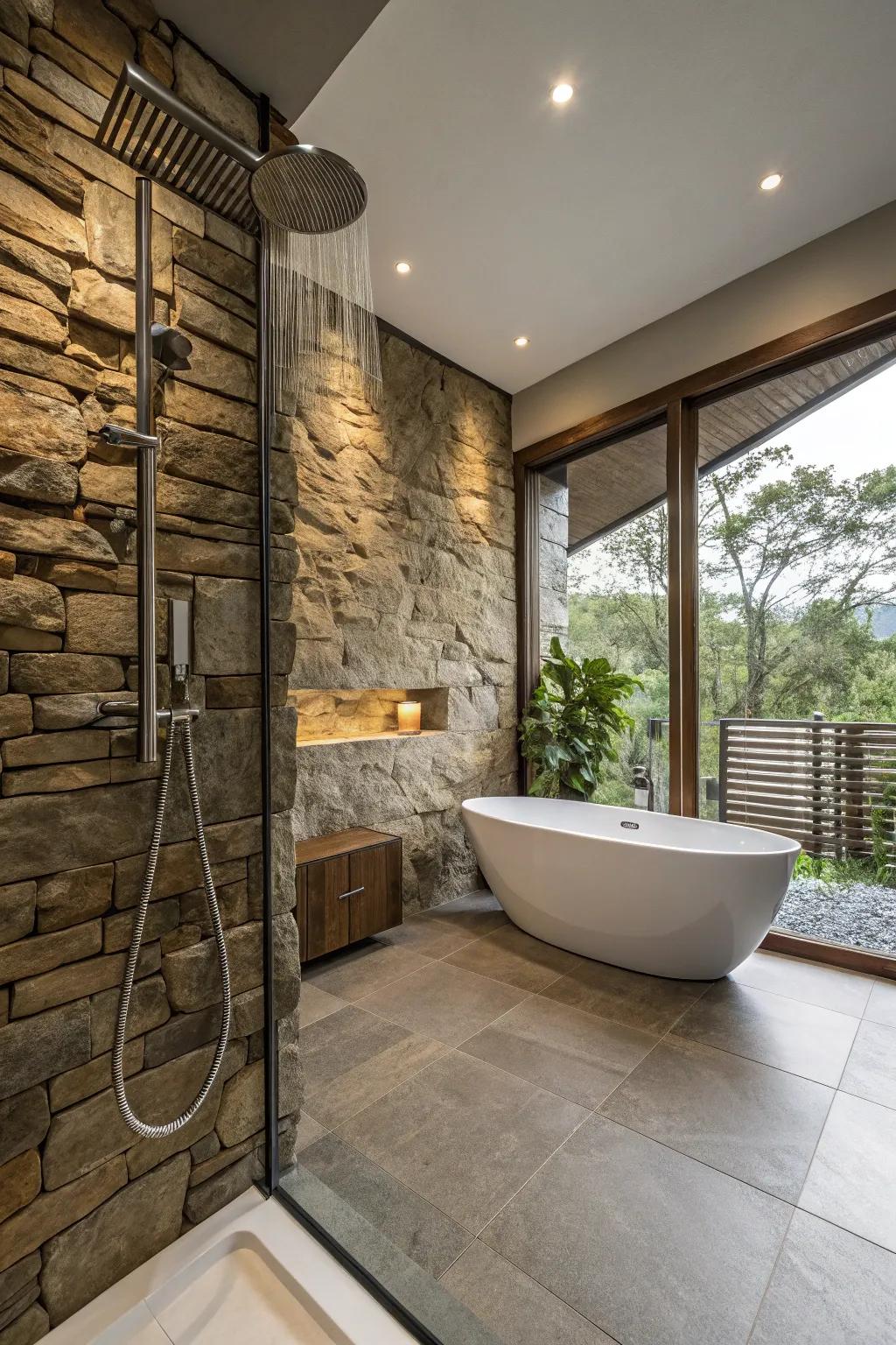 A stone wall adds drama and texture to this modern farmhouse bathroom.