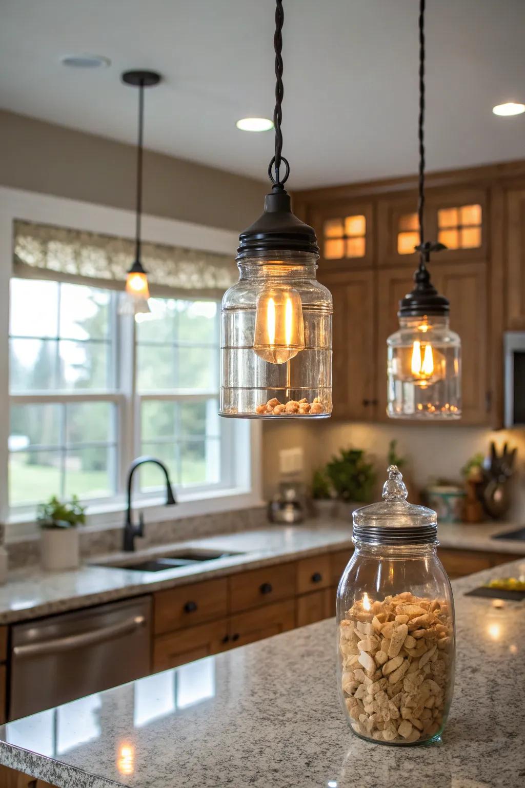 Glass jar pendants add nostalgic charm to kitchens.