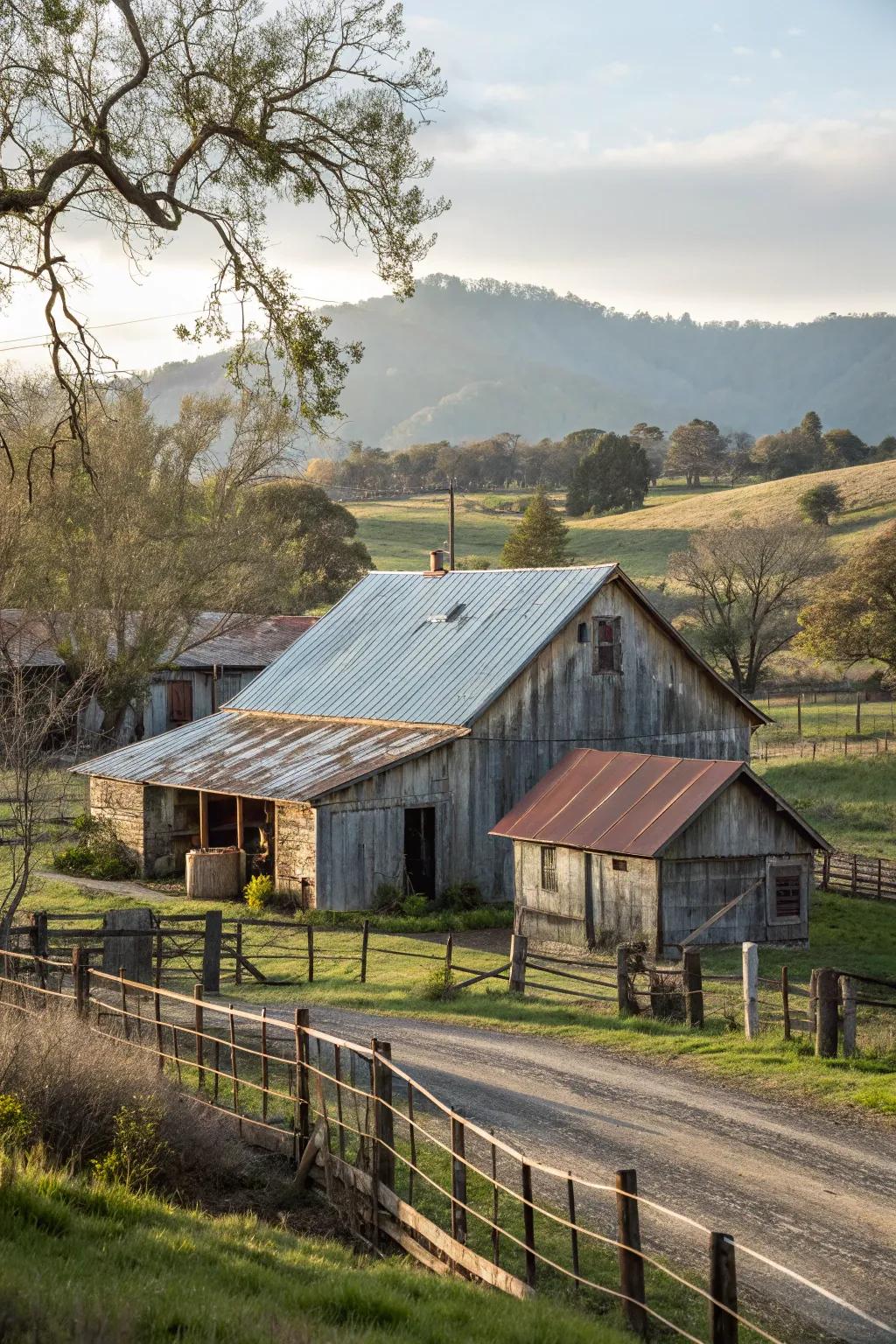 Vintage charm: A farmhouse showcasing a weathered metal roof.