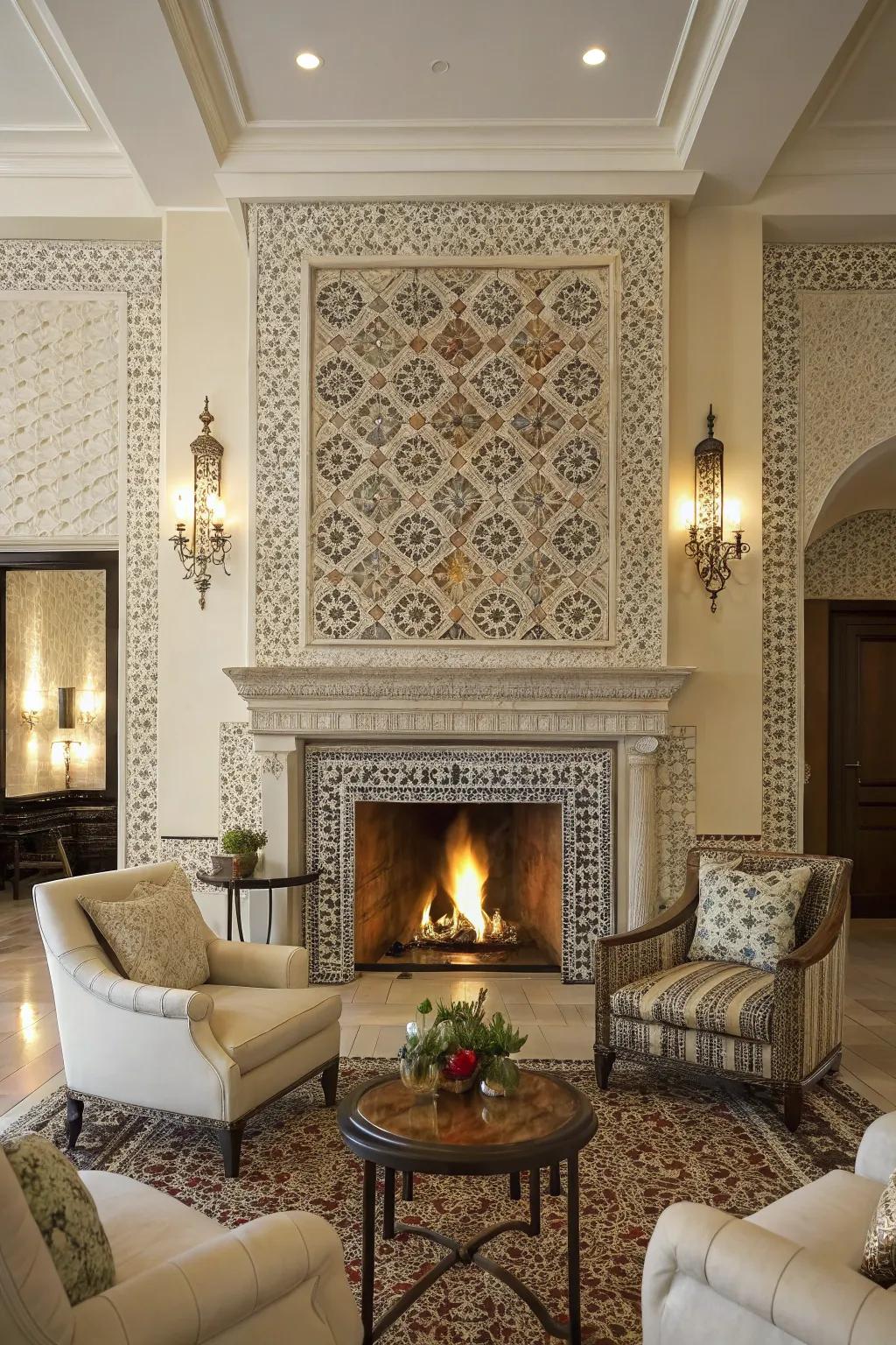 Intricate mosaic tile design on a fireplace.