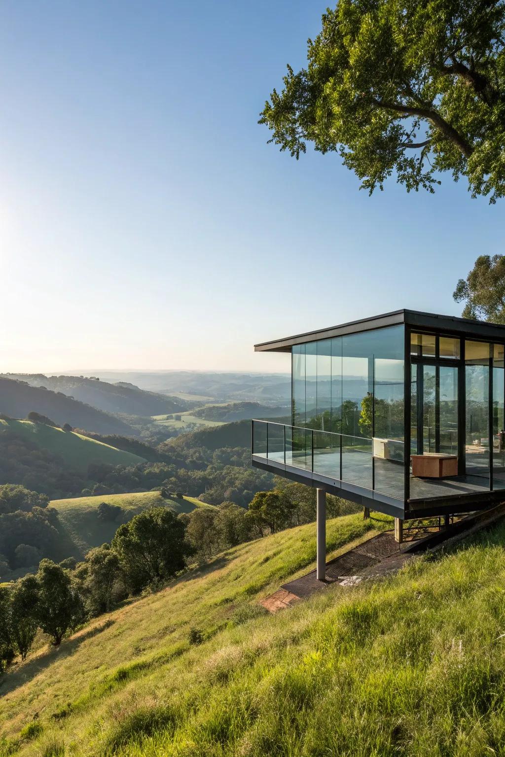 Elevated glass house offering panoramic views.