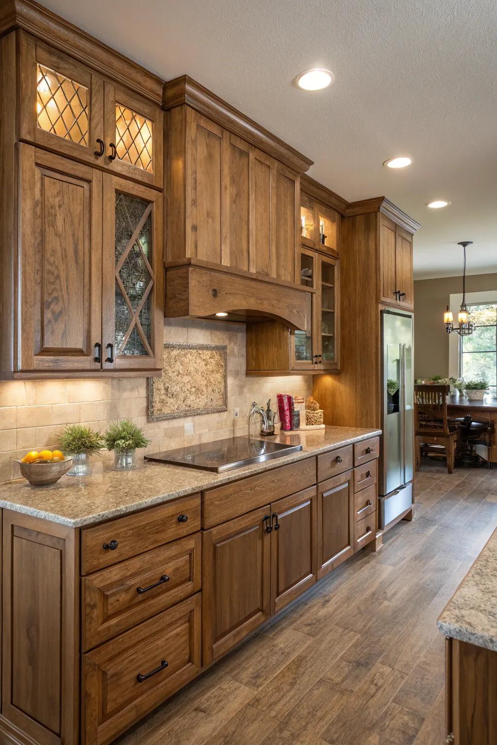 Mixing textures adds depth and interest to modern kitchens with oak cabinets.