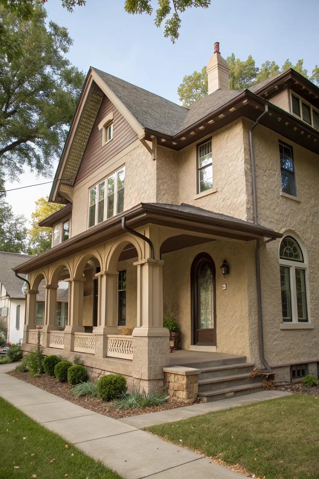 Timeless taupe stucco home with classic charm.