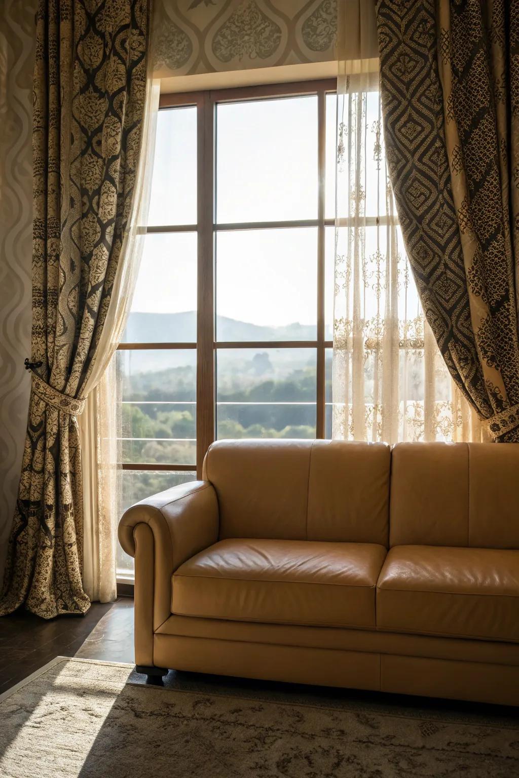 Patterned curtains add character to a living room with a tan leather sofa.