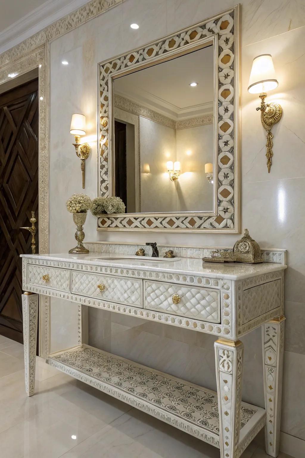 A mother of pearl vanity table adds a touch of glamour and sophistication.