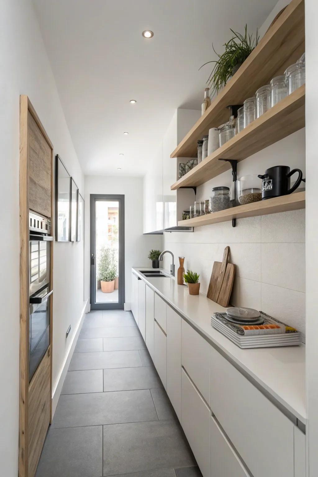 Floating shelves add modern flair and openness.