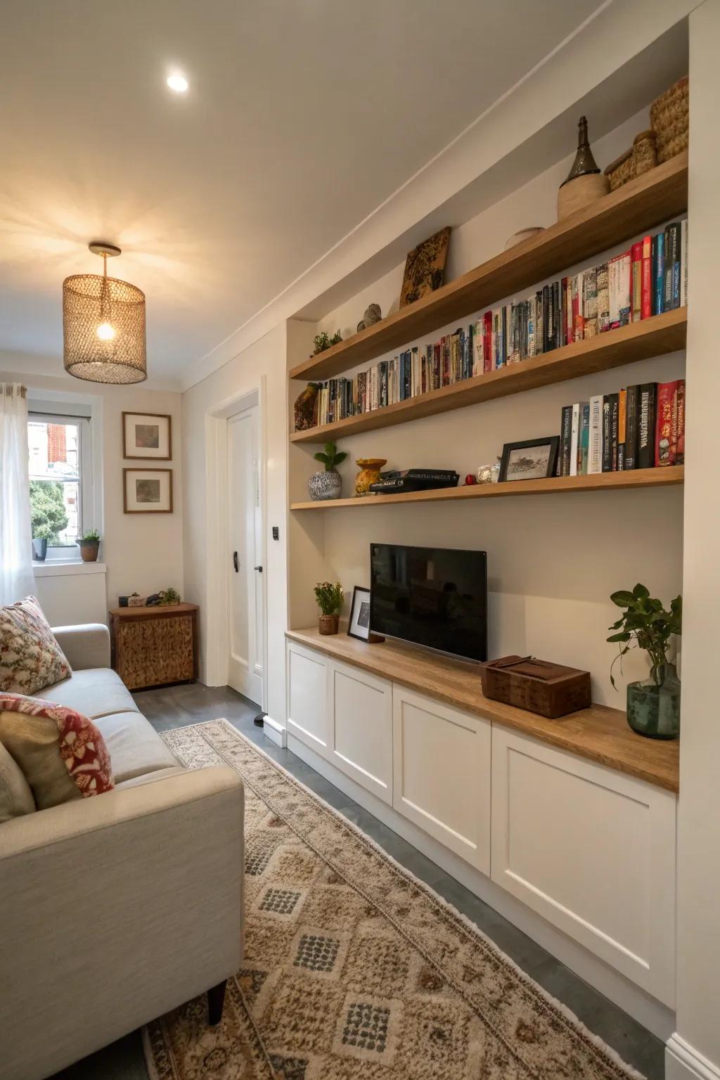 Open floating shelves adding storage without cluttering a narrow living room.