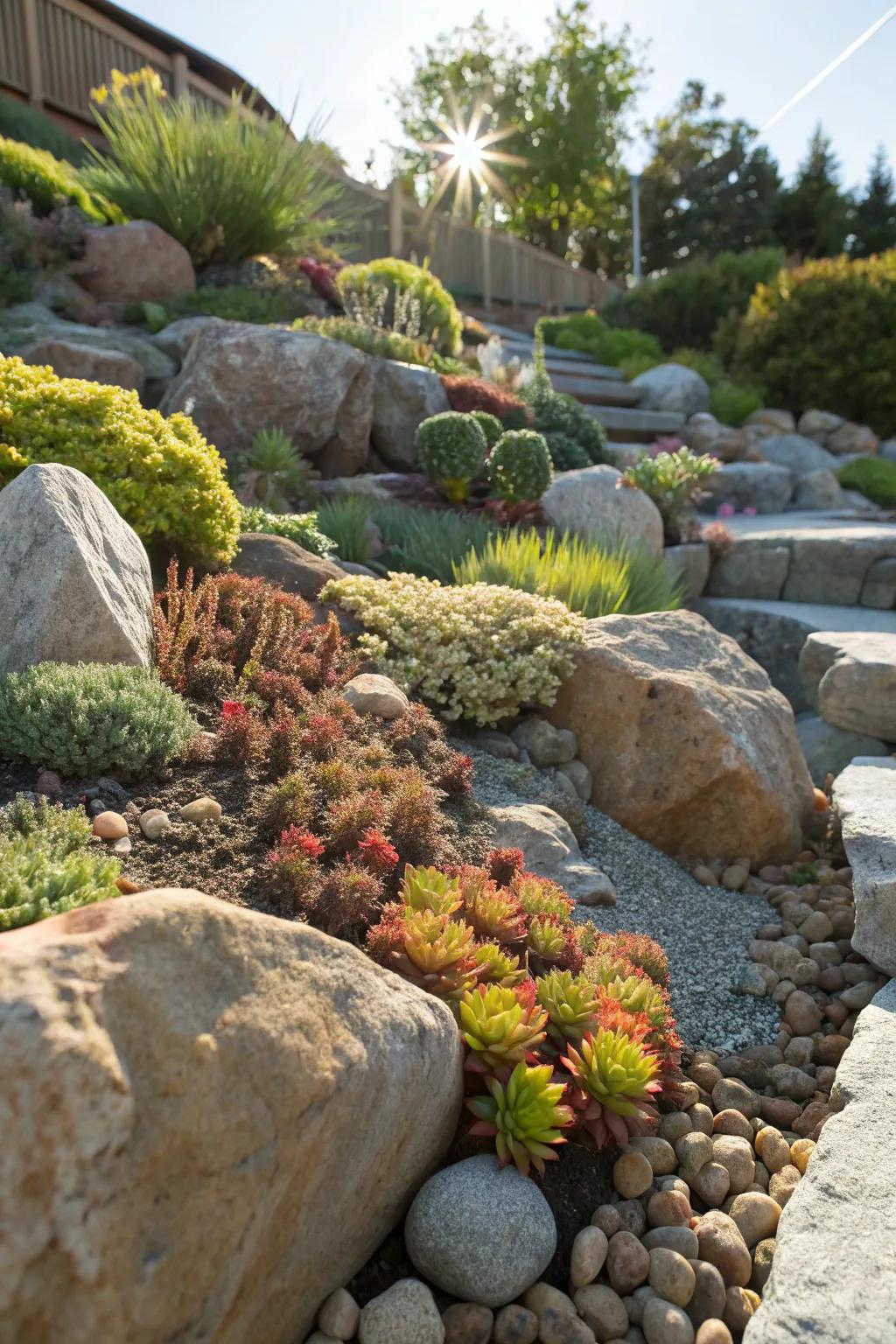 A stunning rock garden with a variety of rocks and hardy plants.