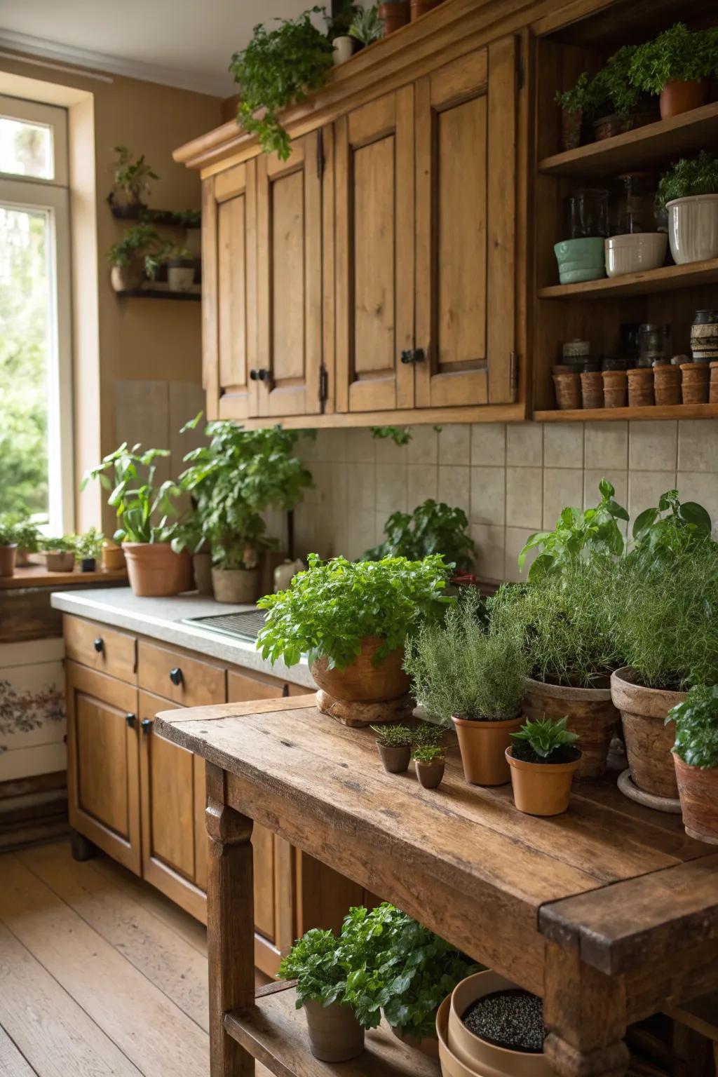 Greenery brings life and vibrancy to oak kitchens.