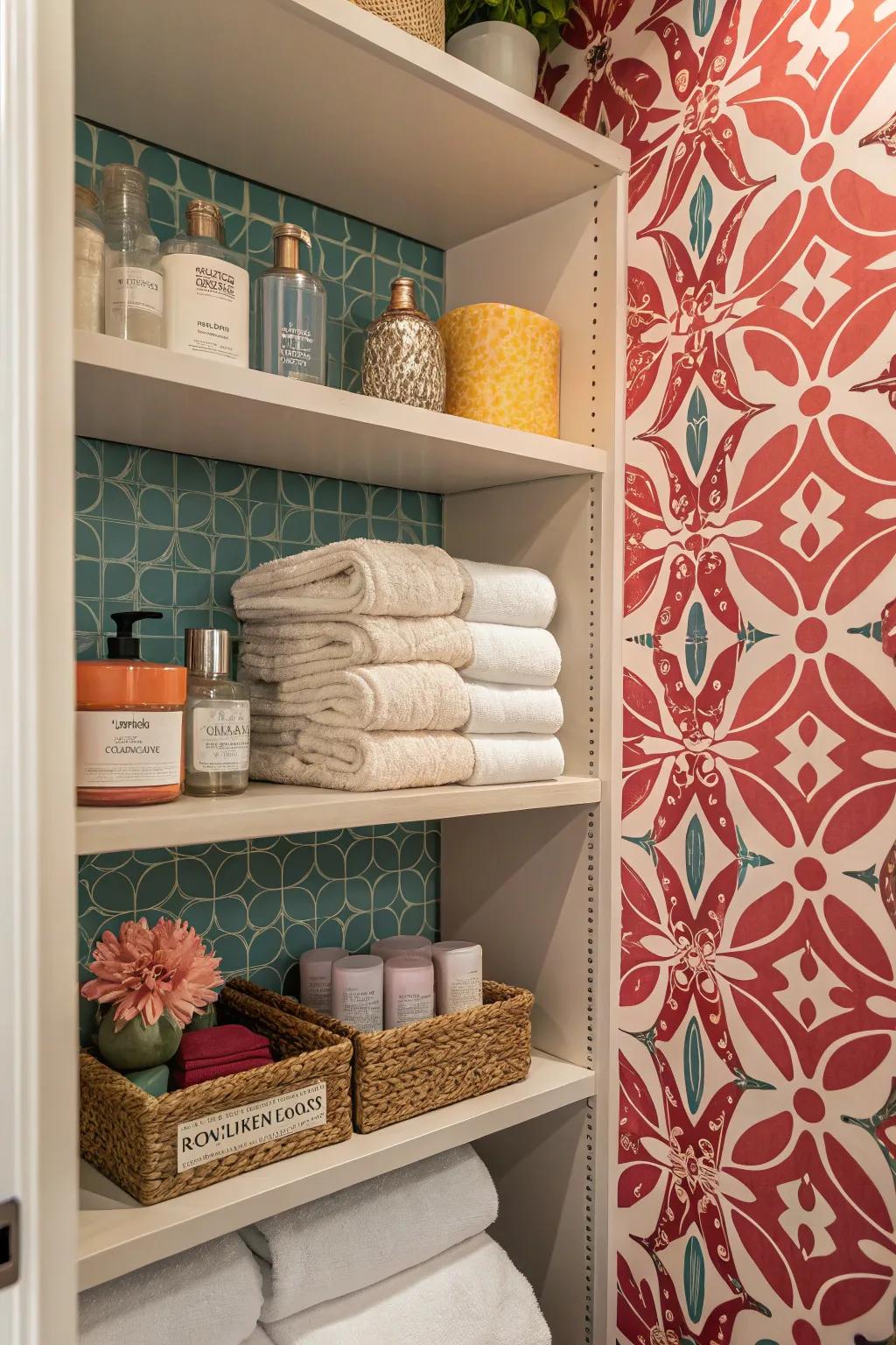 A feature wall adds a dramatic touch to open bathroom shelving.