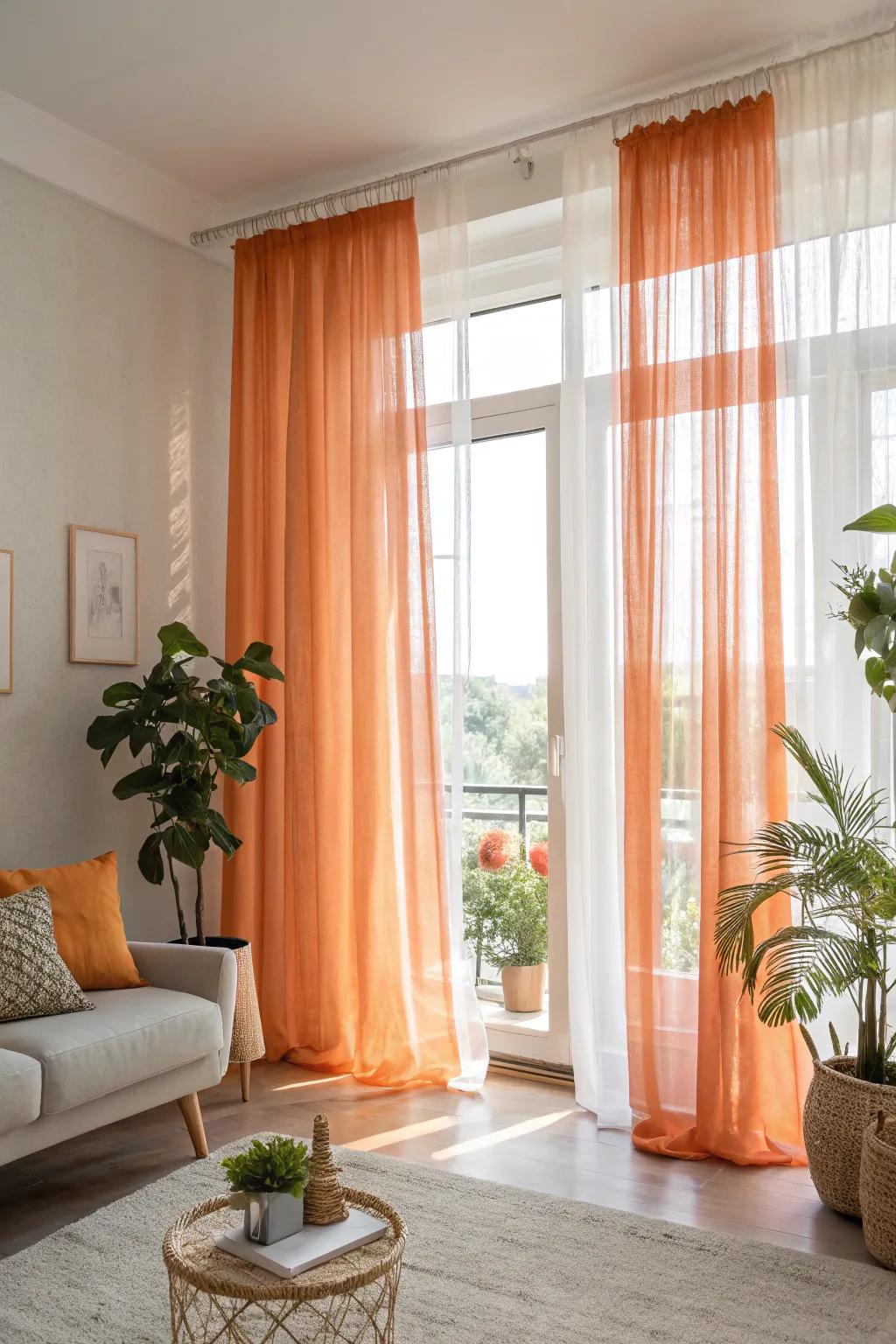 Sheer elegance with light and airy orange curtains.