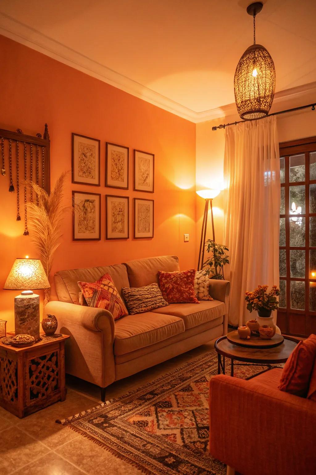 A cozy living room where warm lighting enhances the vibrancy of orange tones.