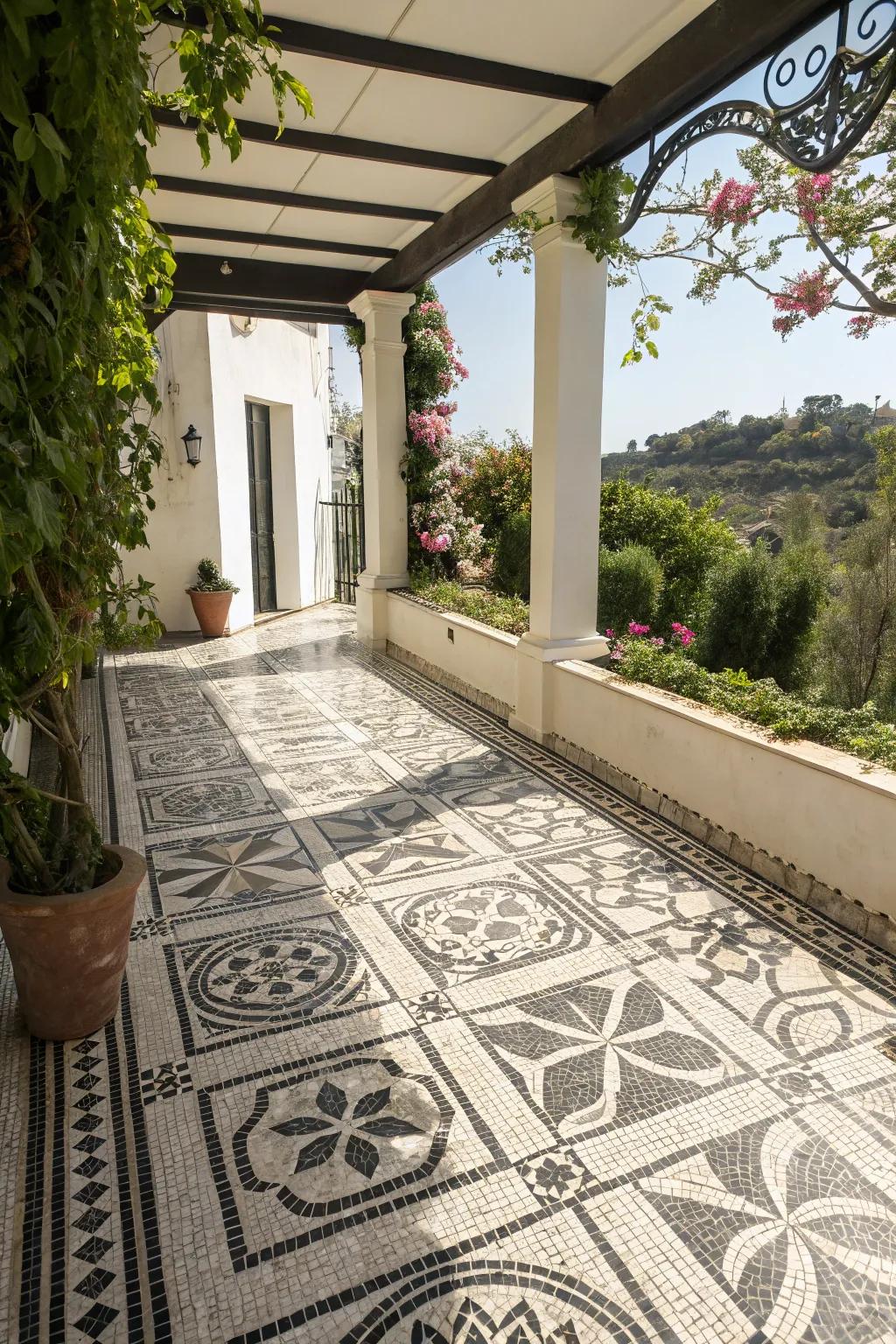 Artistic mosaic tiles create a captivating patio floor design.