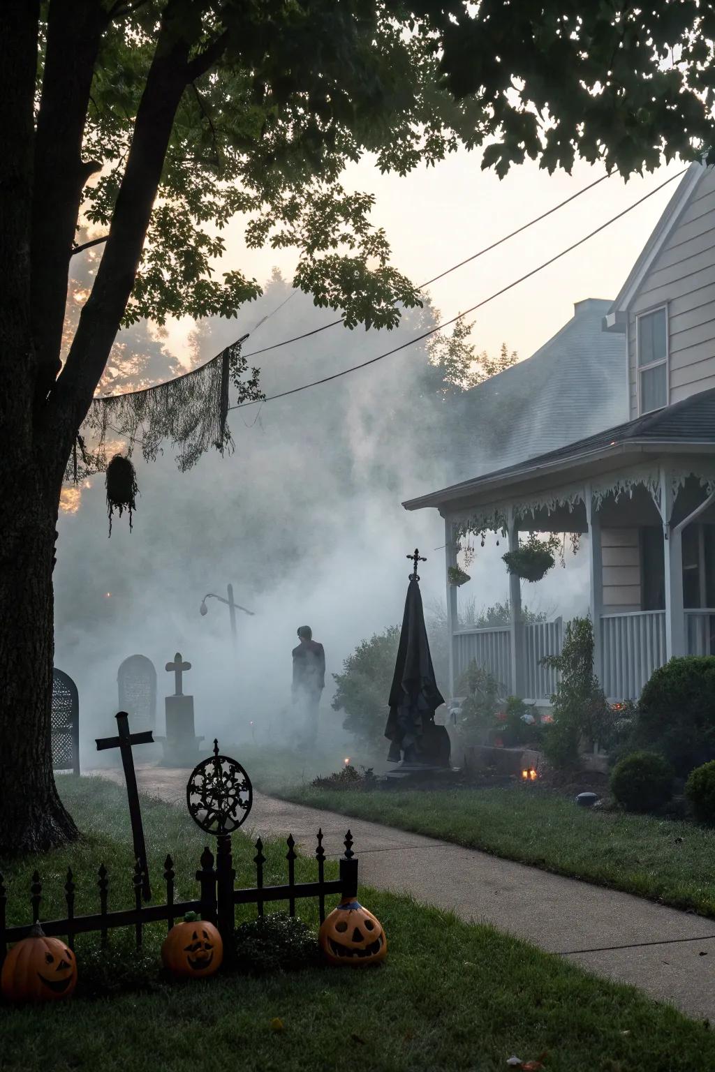 A mystical fog envelops the yard, adding to the Halloween enchantment.