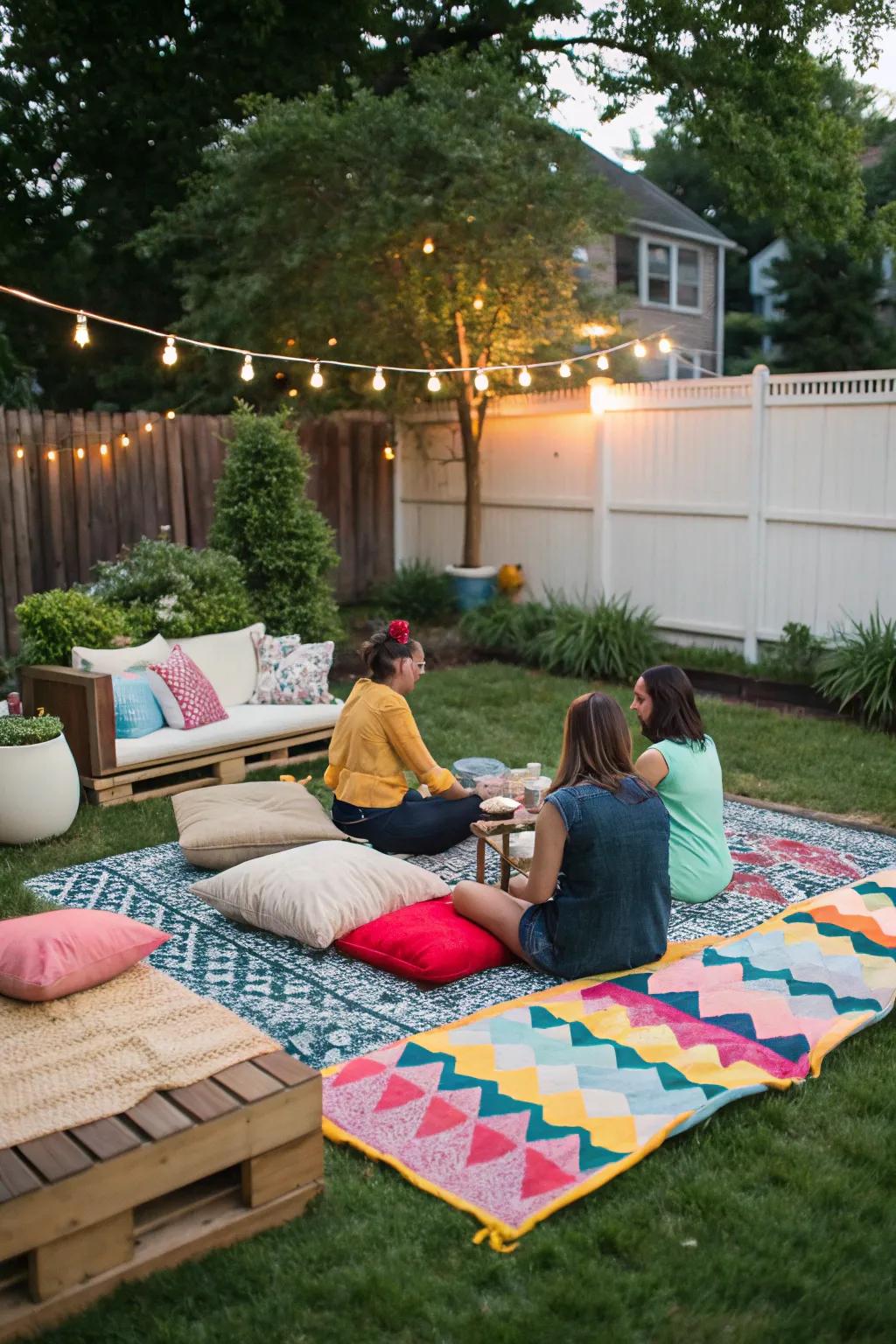 Add warmth and style with a vibrant outdoor rug.