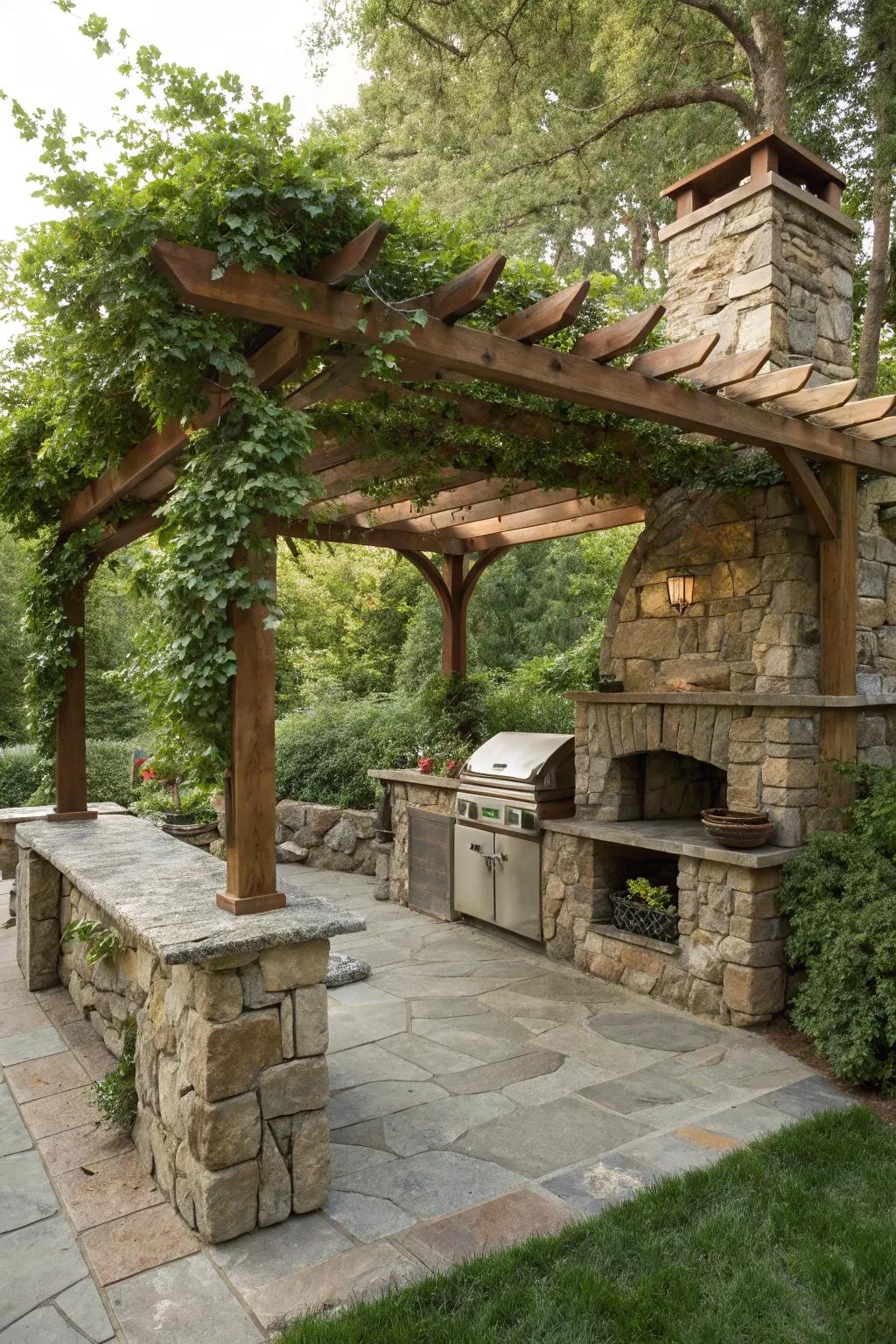 A pergola adds style and shade to your stone BBQ setup.