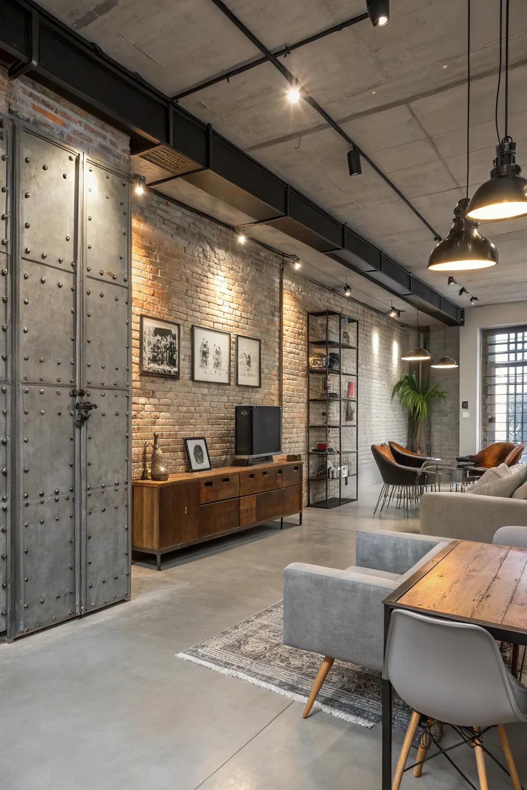 Room with industrial chic concrete panel designs.