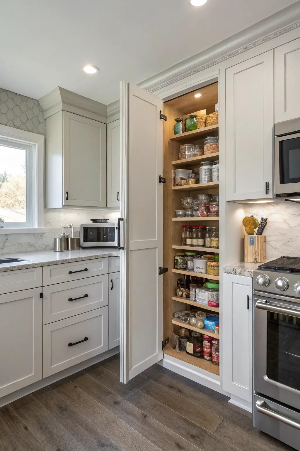 Corner doors maximize space in compact kitchens.