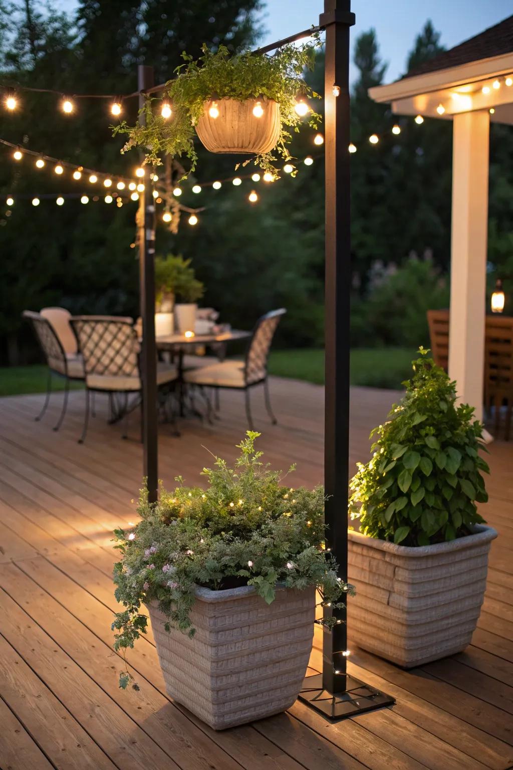 DIY planter poles offer a decorative lighting solution.