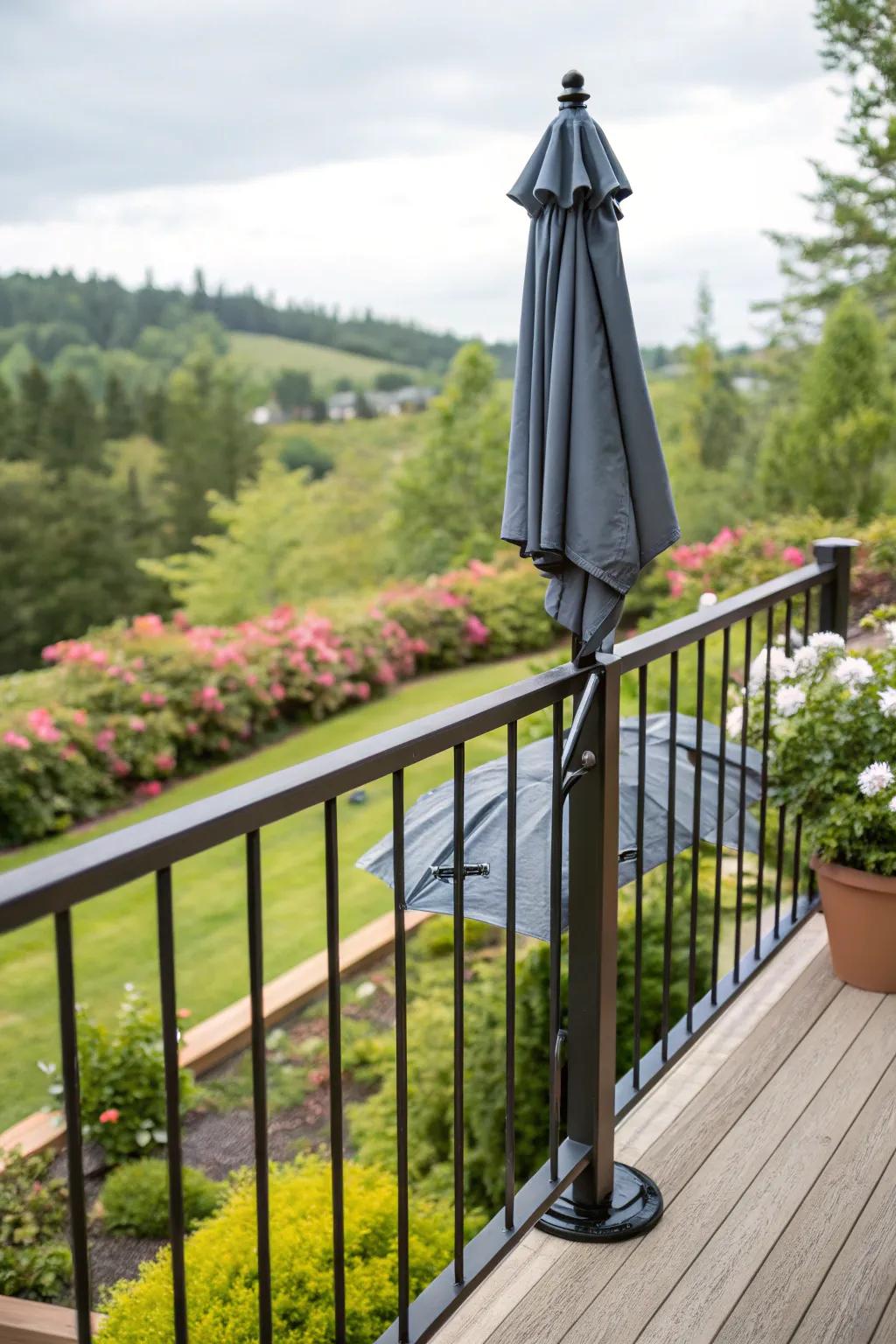 Efficient railing mount for tidy umbrella storage.