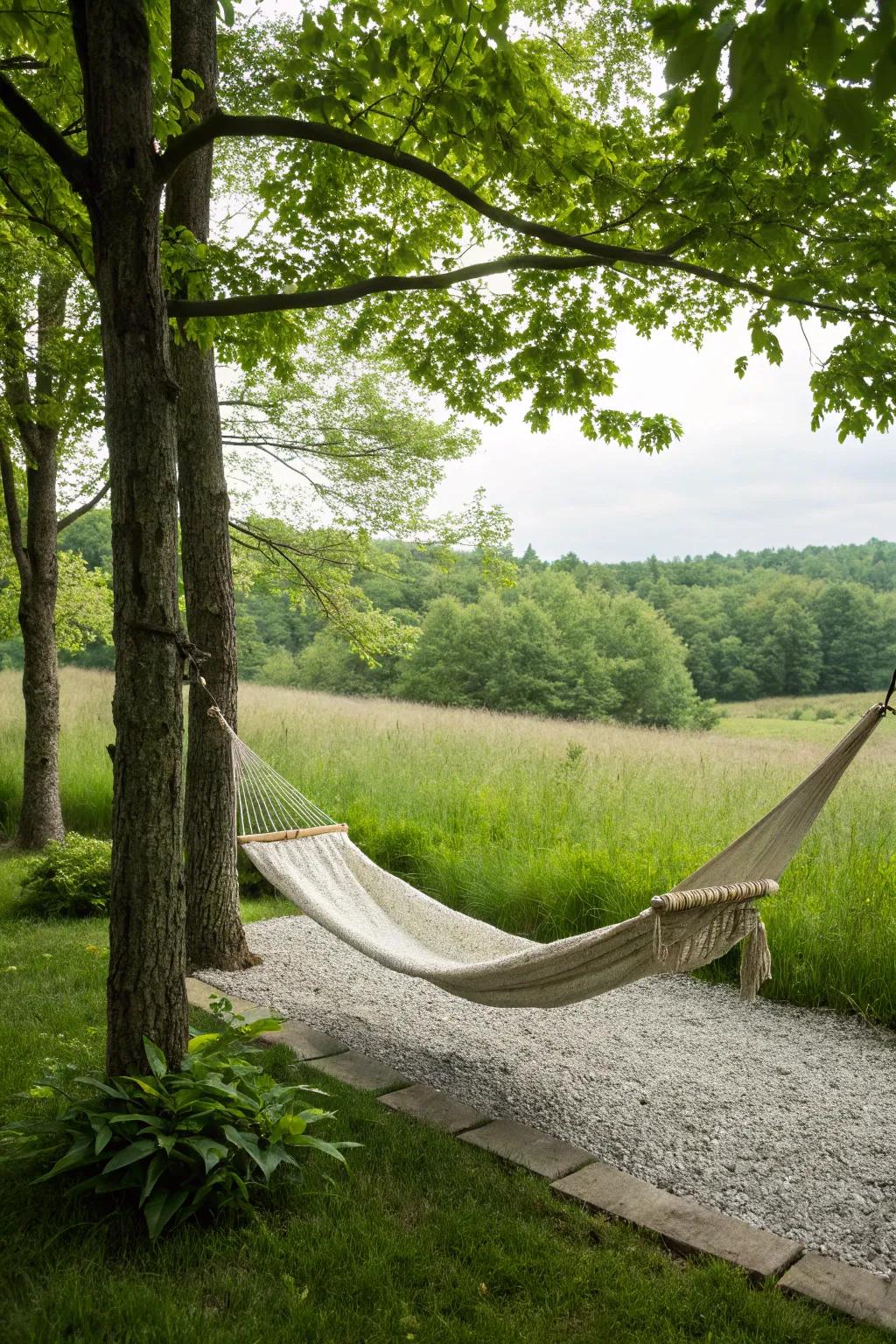 Unwind in a hammock over a pea gravel base.