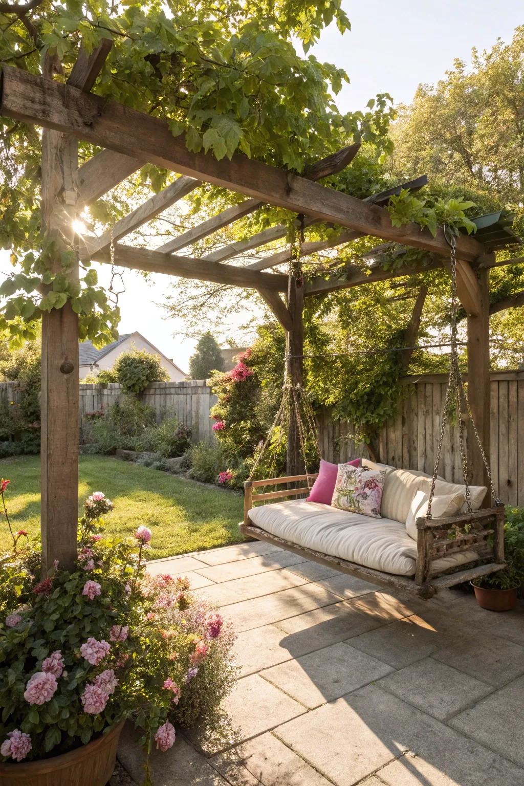 A swing beneath your pergola offers a perfect spot to relax.