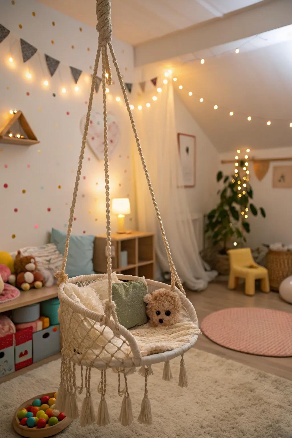 A playful swing adding whimsy to the playroom.