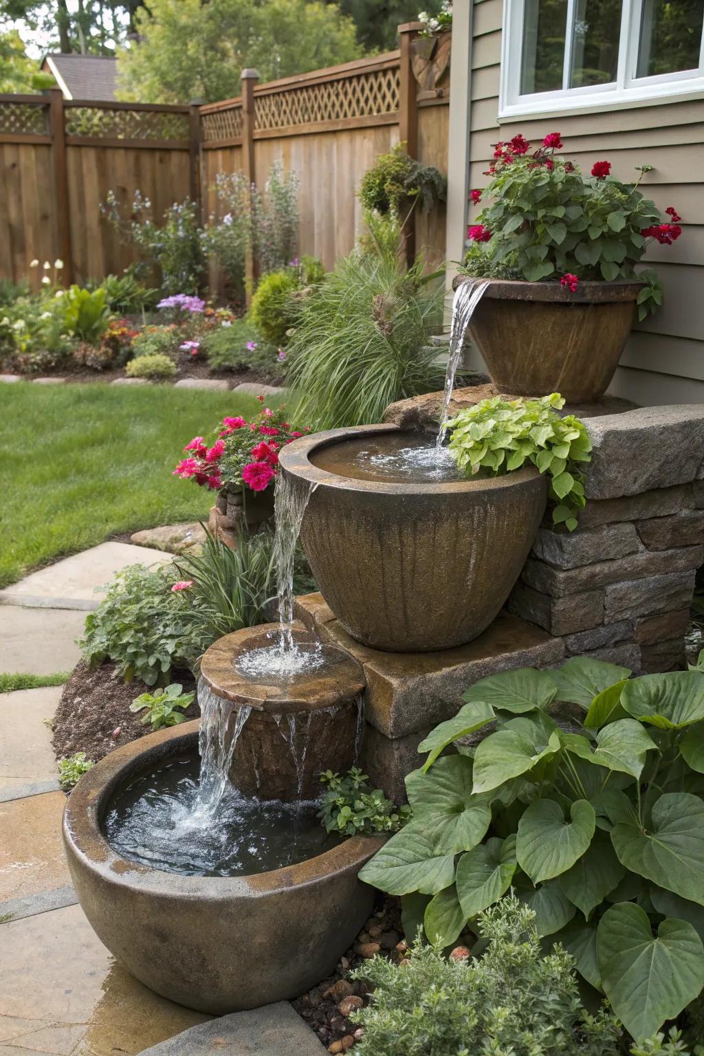 A layered water feature with cascading containers.