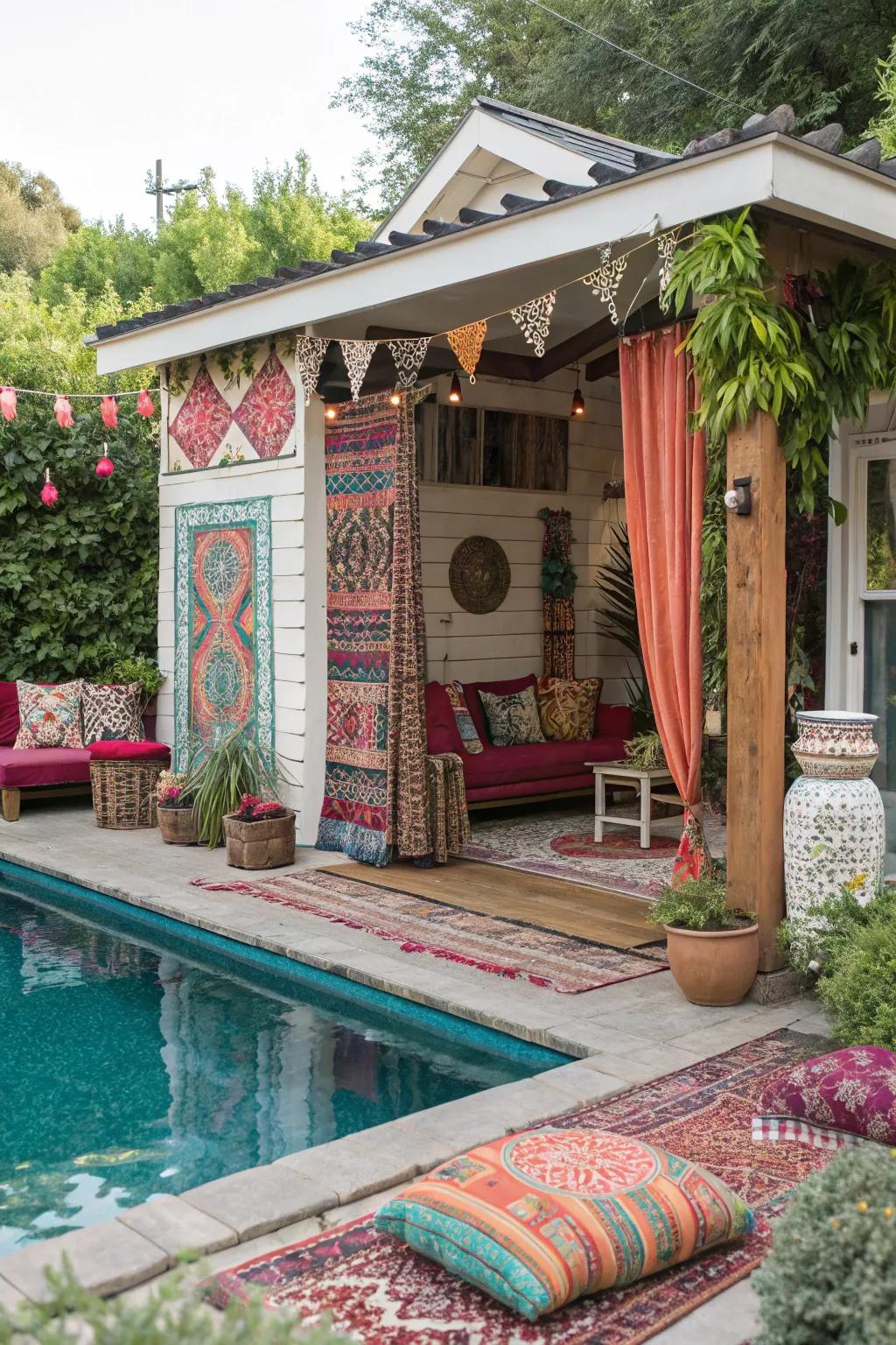 A bohemian-style pool house with vibrant and eclectic decor.