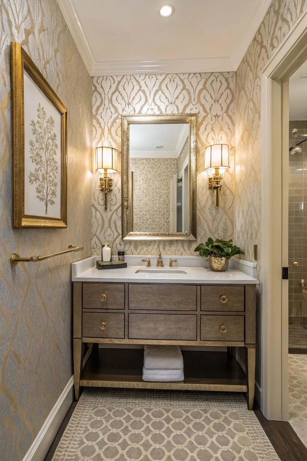 A powder room enhanced by the luxury of textured wallpaper.