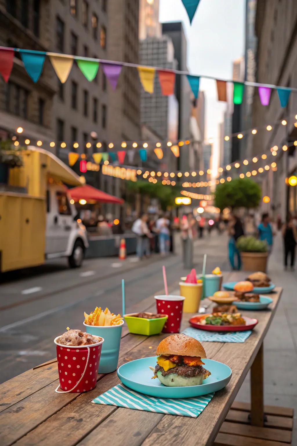 A dining setup inspired by food trucks, featuring street food dishes and playful decor.