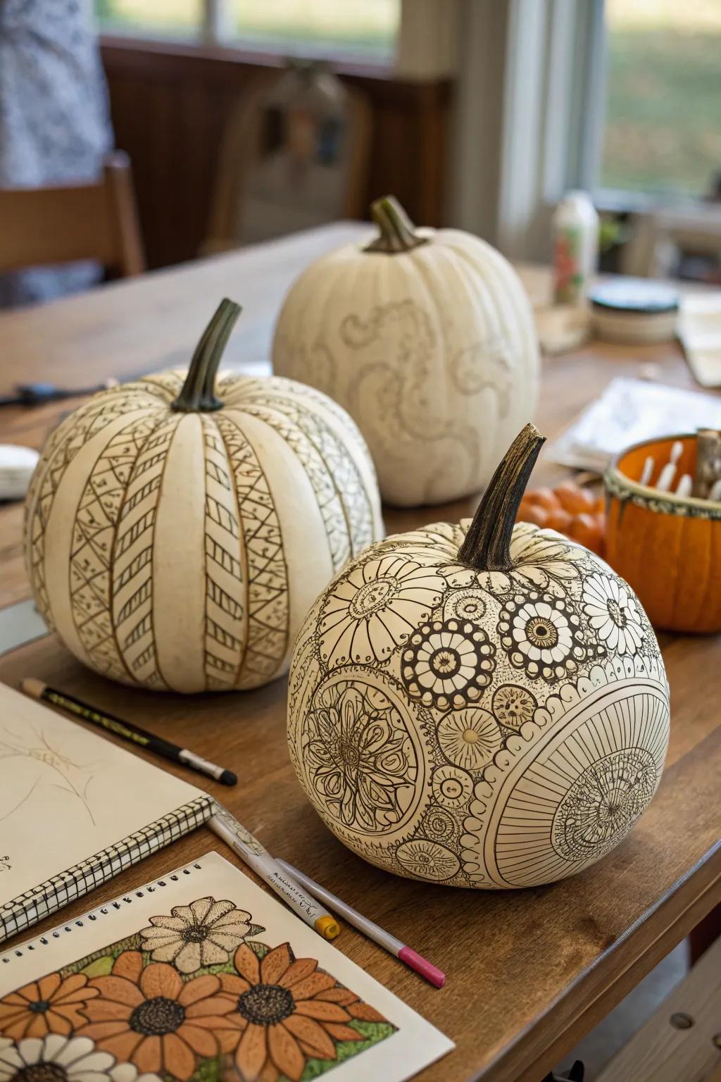 Zentangle pumpkins showcasing intricate designs.