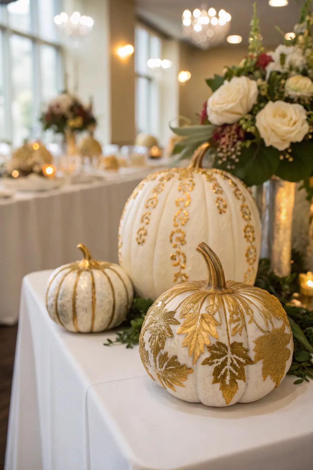 Gilded pumpkins adding an elegant sparkle to the wedding decor.