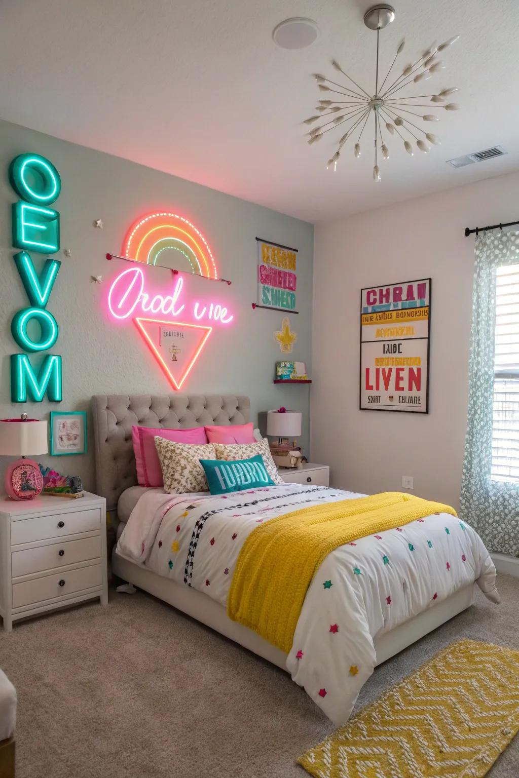 Neon accents adding an energetic and fun touch to the bedroom.
