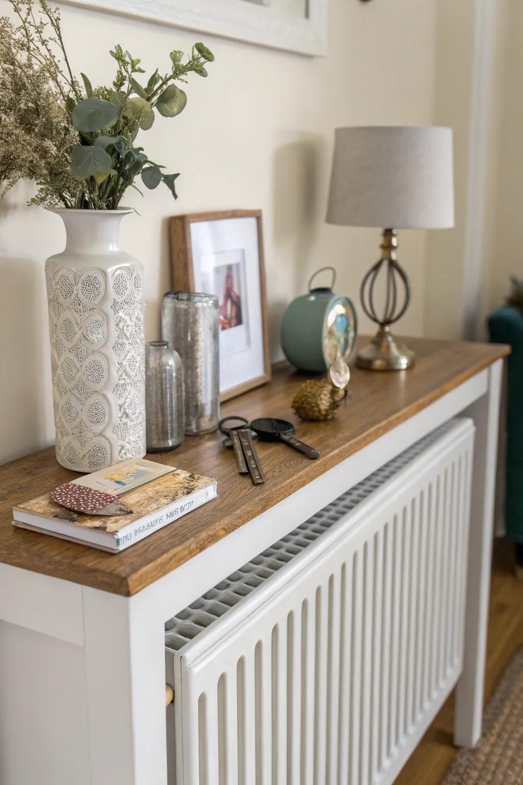 A radiator shelf can double as a chic and functional console table.