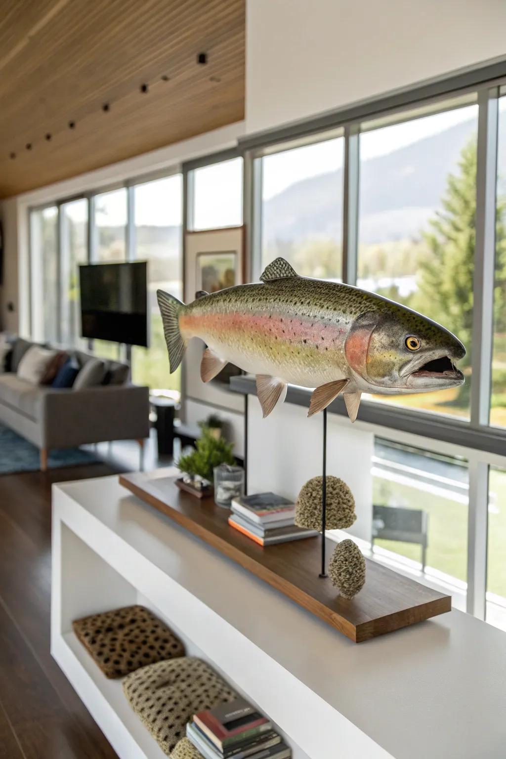 A floating shelf offers a modern and adaptable way to display a rainbow trout mount.