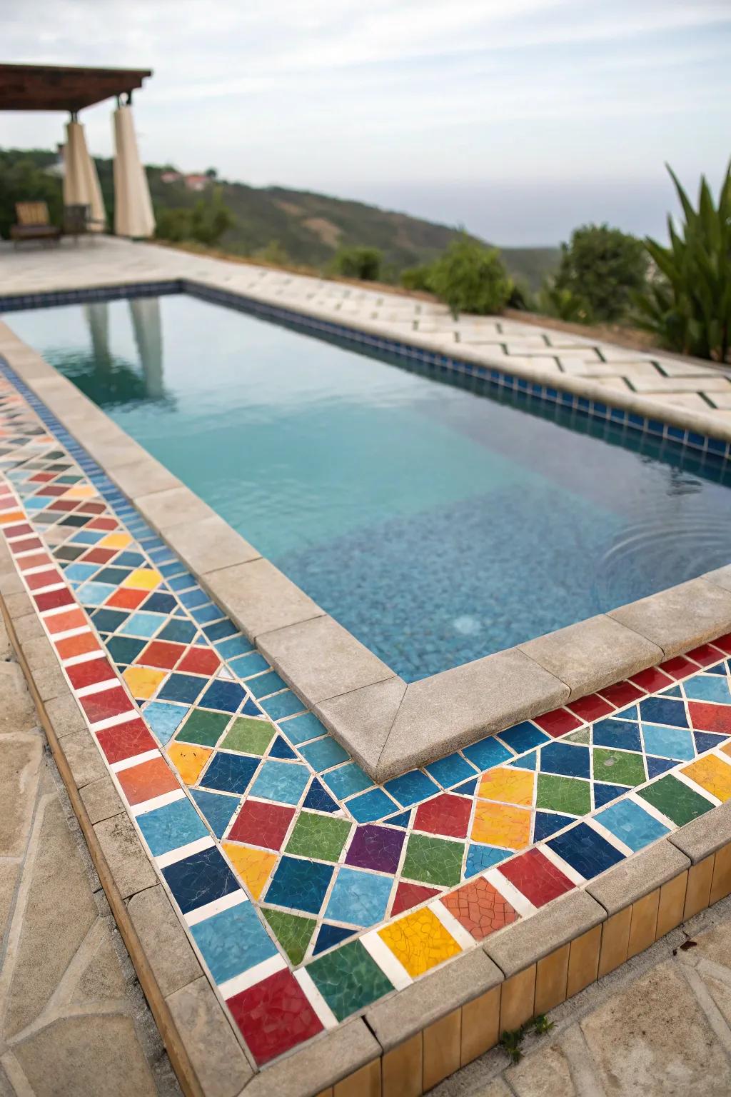 Colorful mosaic tiles add a vibrant touch to the pool.