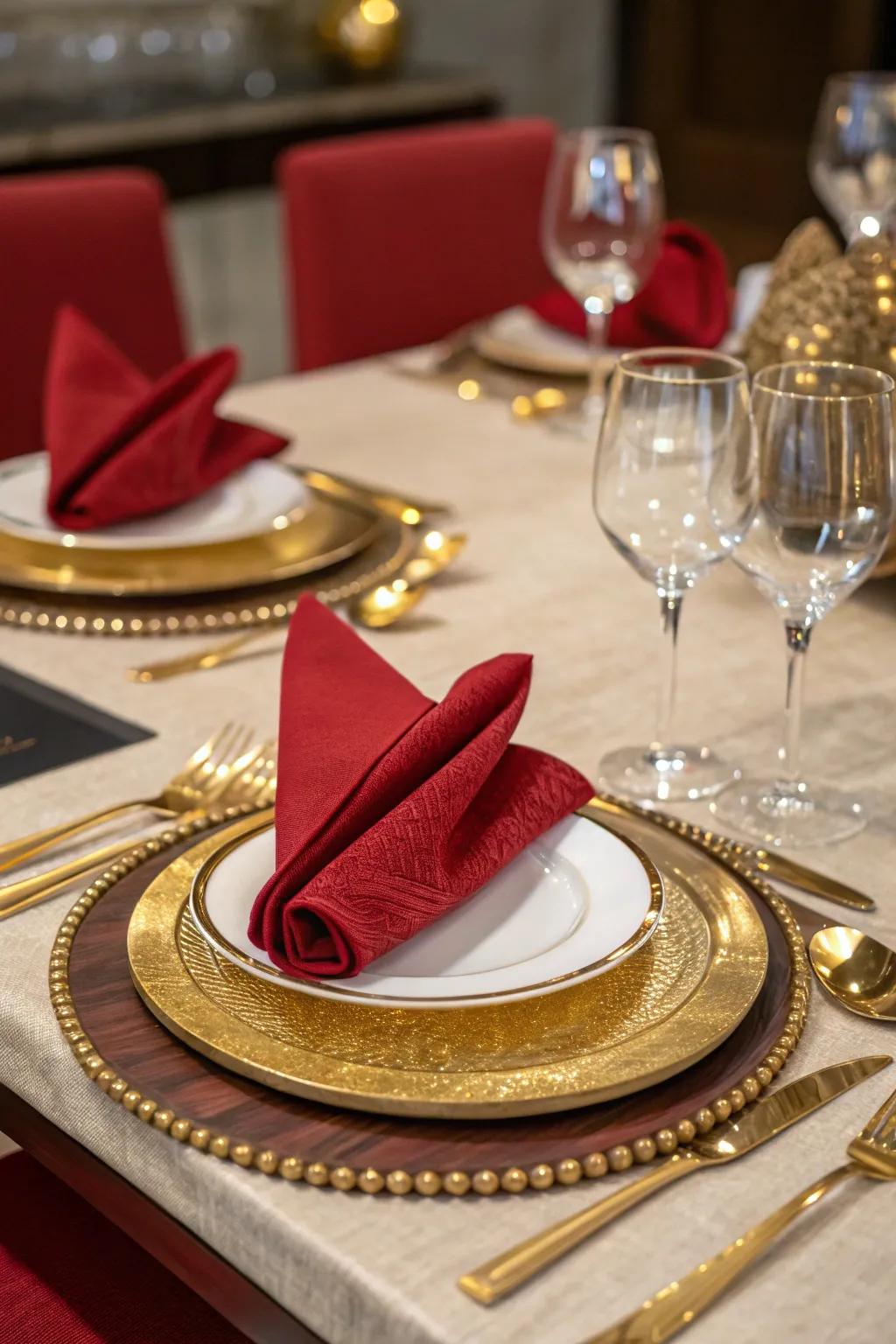 Gold-tipped dinnerware adds a touch of luxury.