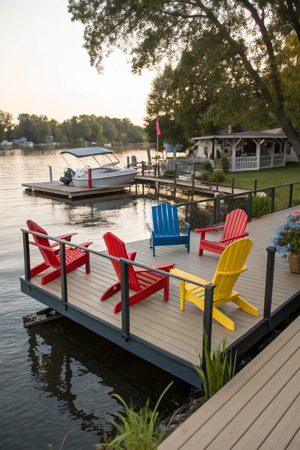 A dock with eclectic seating that invites relaxation.