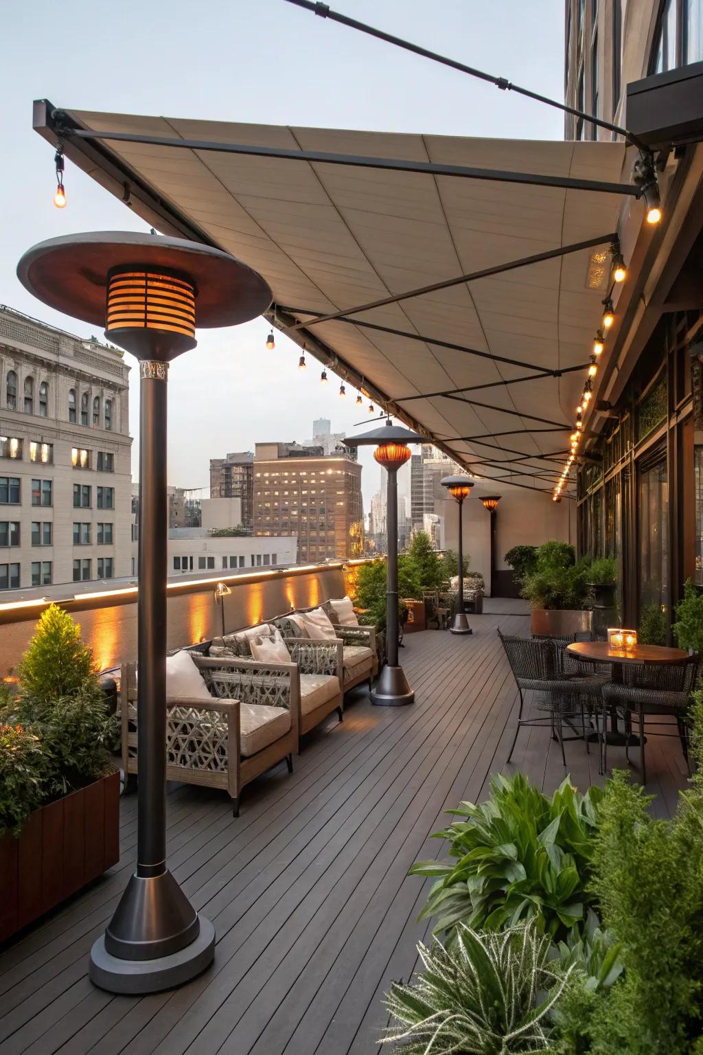 Enjoy your rooftop deck year-round with seasonal adaptations like heaters and awnings.