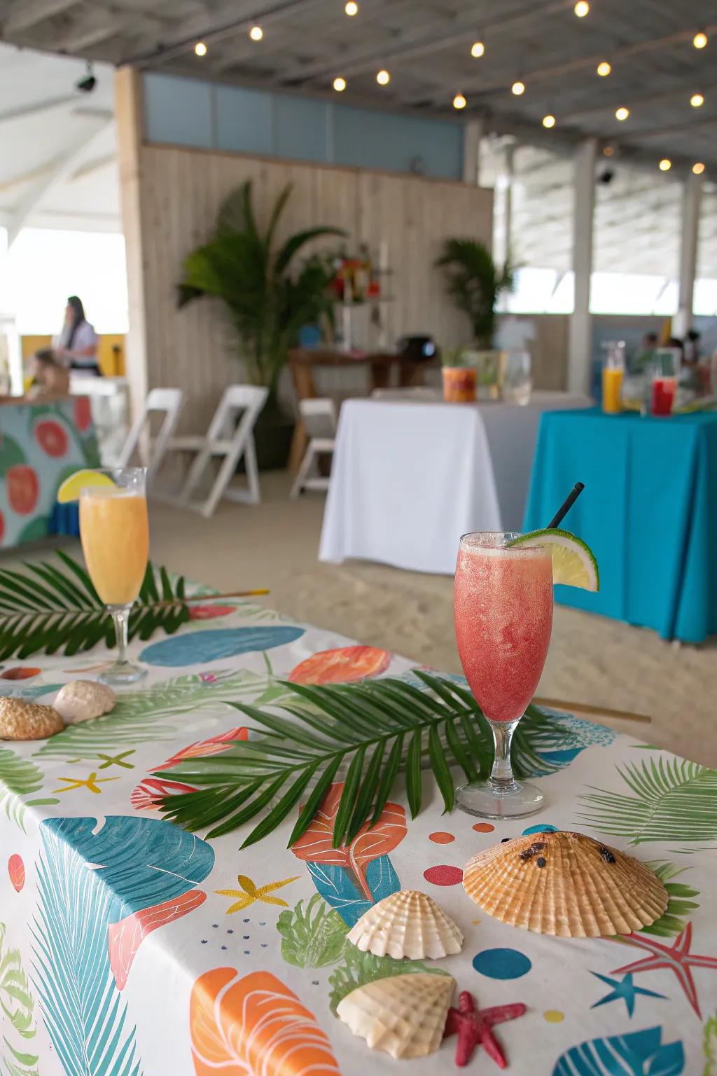 A beach-themed party setup with tropical vibes.