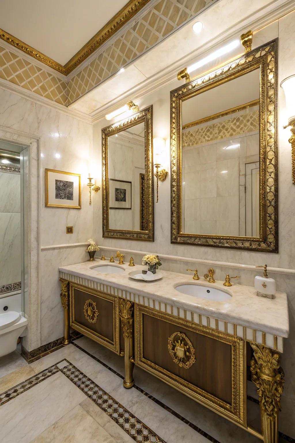 Gold accents add a regal touch to this luxurious bathroom.