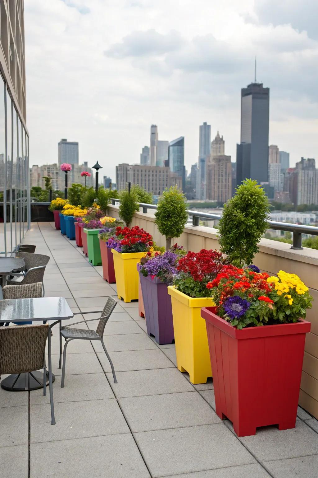 Colorful planters bring life and vibrancy to any rooftop.