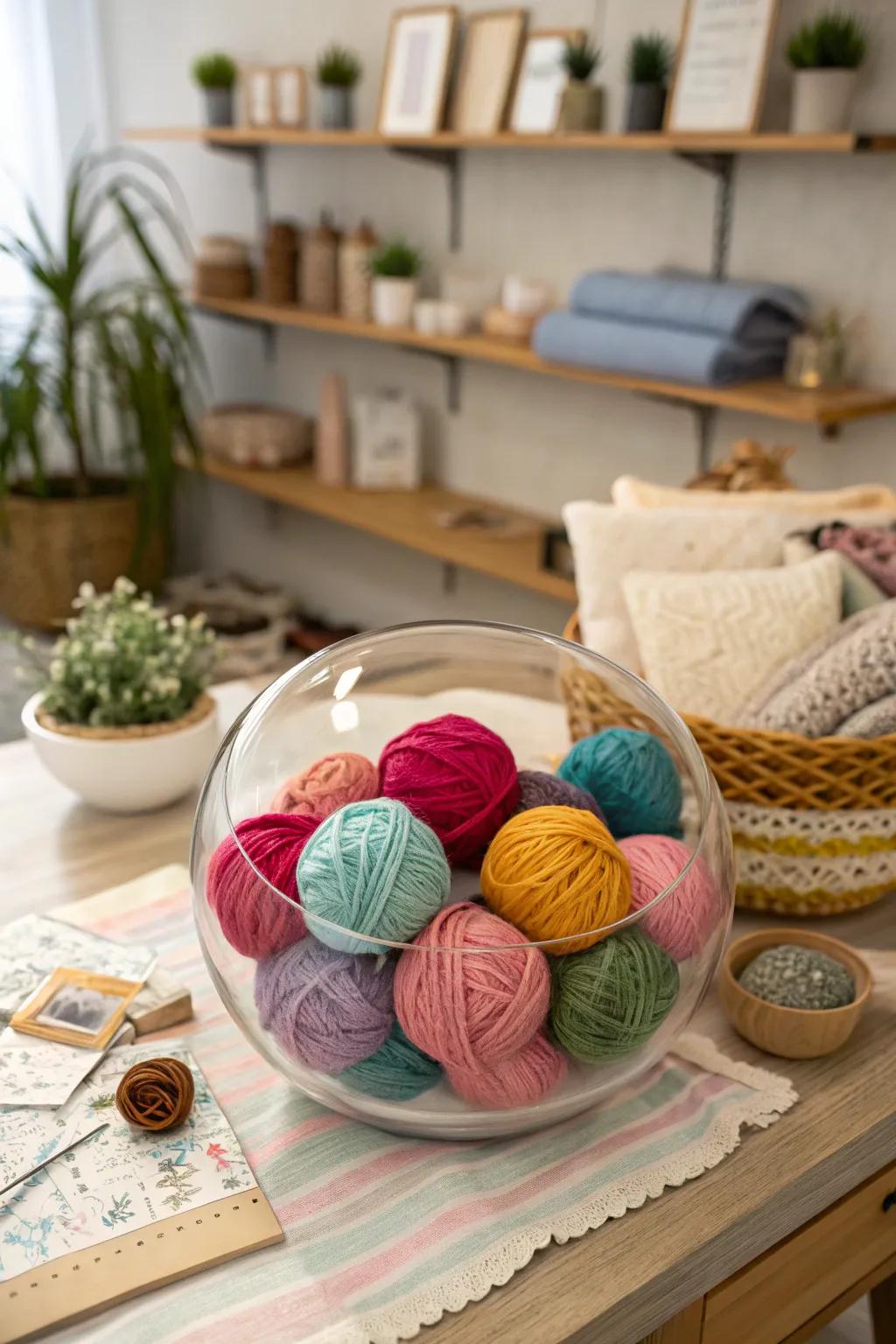 Yarn balls in a glass bowl create a cozy and inviting atmosphere.