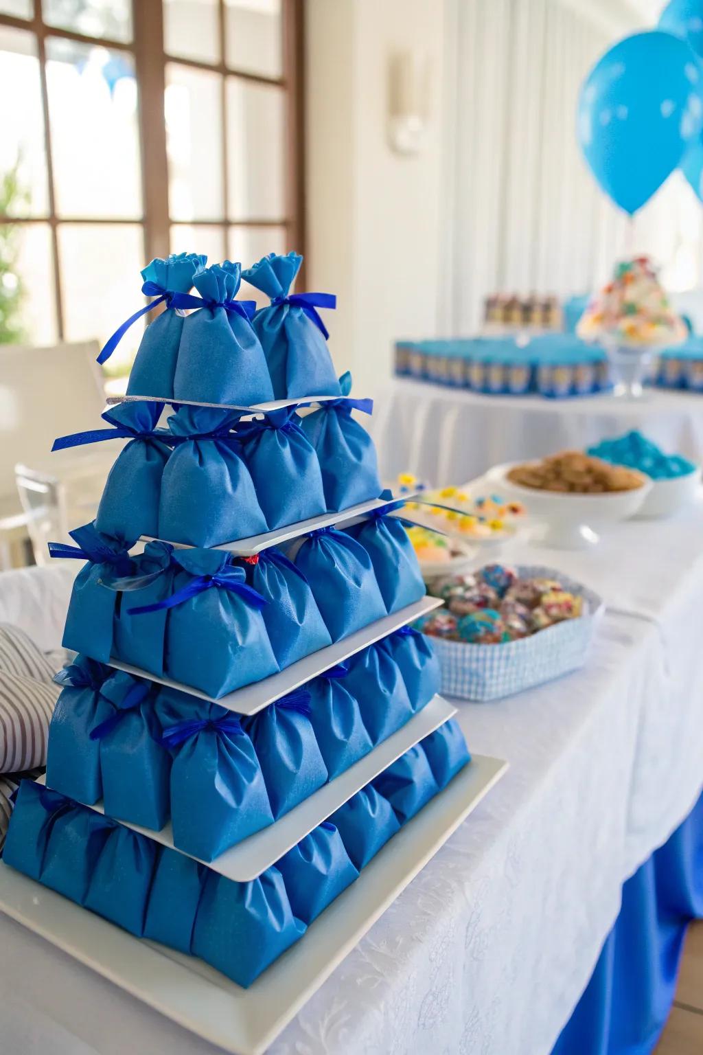 Themed candy bags that match the table's royal blue motif.