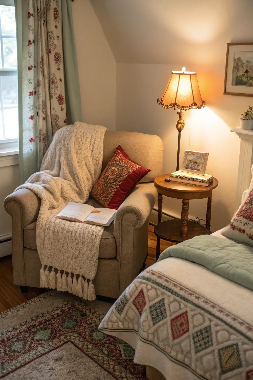 A cozy nook adds a relaxing spot in this rustic bedroom.