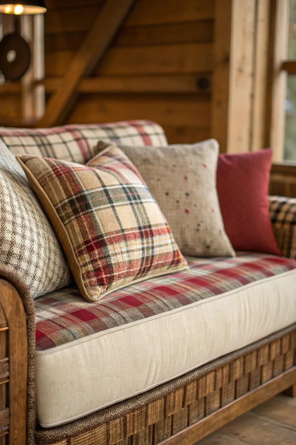 A sofa adorned with a mix of plaid and solid cushions.